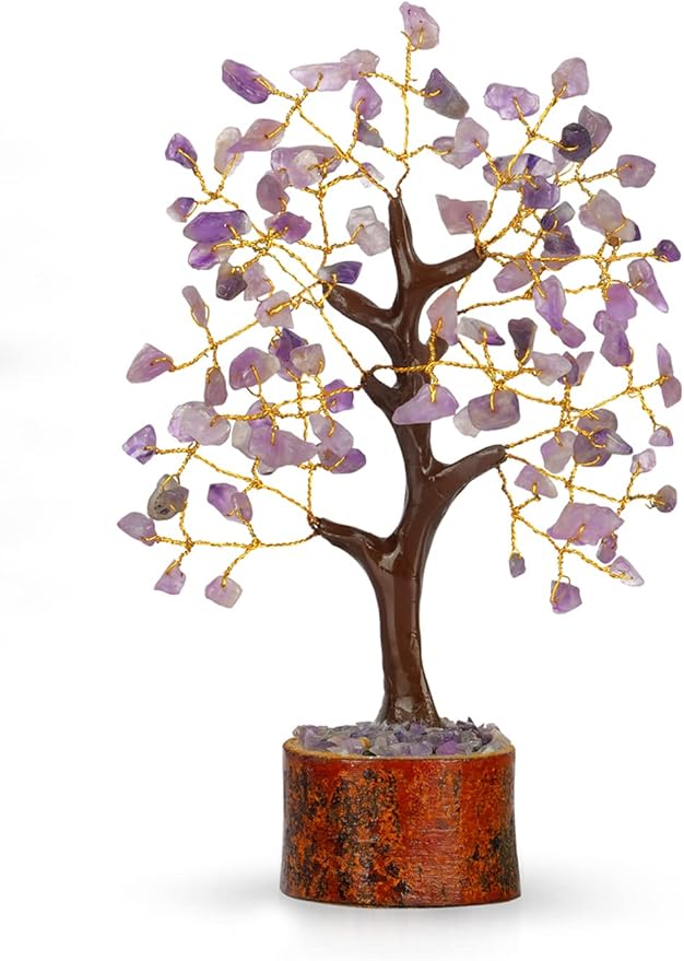 Amethyst Crystal Tree – 7-8 Inch Gemstone Tree with Golden Wire & Wooden Base – Spiritual Gift, Gifts for Her, Healing Crystals Decor, Birthday Gift for Women