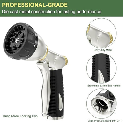 FANHAO Heavy Duty Garden Hose Nozzle, 100% Metal Water Nozzle with 8 Adjustable Spray Patterns, High Pressure Hose Sprayer with Non-Slip Grip for Watering Plants & Lawns, Washing Cars & Pets -Silver