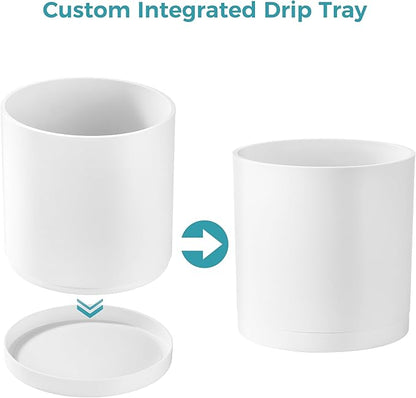 FaithLand 8-Inch Modern Cylinder Planter, Thick-Walled Plastic Plant Pot with Drainage Holes and Detachable Saucer, Matte White, Ideal for Indoor & Outdoor Plants Flowers