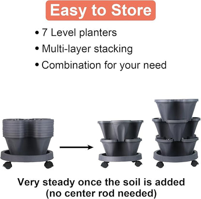 GameXcel Vertical Planter 7 Tier Stackable Planters Garden Planters Strawberry Herb Flower and Vegetable Planter Indoor Outdoor Gardening Pots with Removable Wheels and Tools