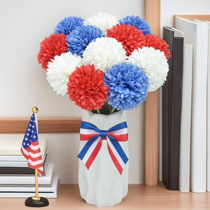Artificial Flowers Chrysanthemum Ball Flowers 4th of July 12pcs Bouquet Present for Important People Glorious Moral for Home Office Coffee House Deco Parties and Wedding(White&Red&Blue)