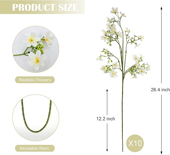 10 PCS Silk Flowers with Long Stems Artificial Flower for Tall Vase Outdoors Fake Babys Breath Bouquet Faux Floral Wedding Party Decoration Home Indoor Table Centerpiece Decor (White)