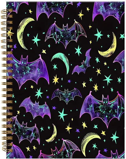 Spiral Journal Notebook,A5 Hardcover Lined Journals for Women Girl 6 x 8.3 in,120 Pages Thick Paper,Cute College Ruled Writing Notebook for Gifts Office Work School(Purple Bats Star)