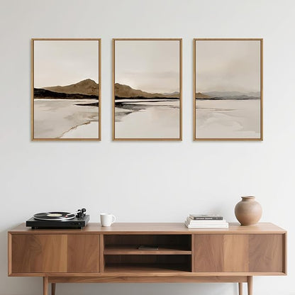 Ausril Beige and Brown Foggy Framed Canvas Wall Art Set, Modern Misty Landscape Wall Decor, Abstract Mountain Lake Wall Painting, Minimalist Nature Art Prints for Living Room, Bedroom - 16"X24"X3