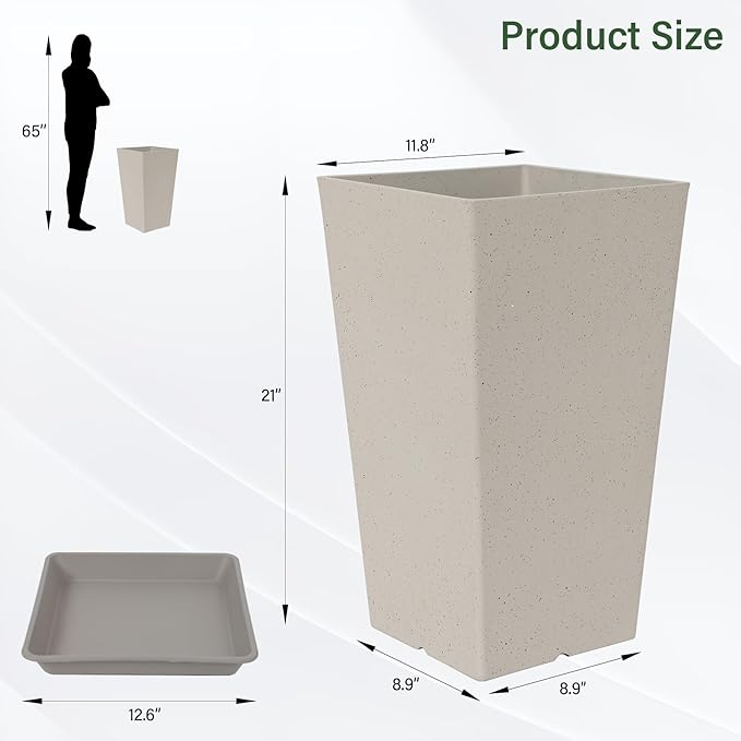 Set of 2 Tall Planter, 21 inch Large Plastic Planter with Drain Hole & Saucers, Large Outdoor Planters for Porch, Garden, Patio, Balcony(Gray Dot)