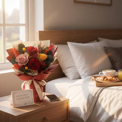 Vaanshie Premium Preserved Flower Bouquet Ideal for Mother's Day Gifting (Waffle Red)