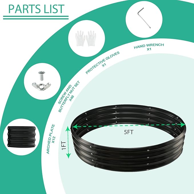 5FT Diameter Galvanized Garden Raised Bed/Plant Box/Fire Pit Ring - 0.8mm Thick,12 Inch Tall,Perfect for Planting a Variety of Flowers,Herbs,Vegetables (Black, 60 Dia X 11.5 inches)