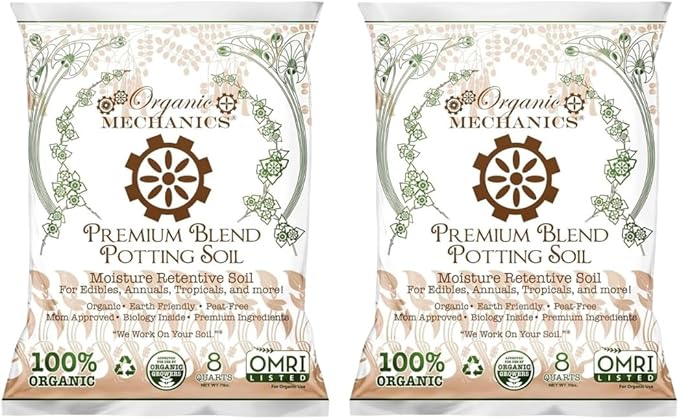Organic Mechanics Premium Blend Potting Soil, 8 qt (Pack of 2) - Moisture-Retentive, Peat-Free, Compost - Enriched Mix with Worm Castings & Perlite for Houseplants, Annuals, Veggies & Tropical Plants