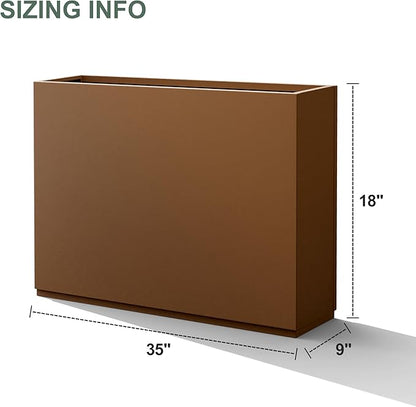 Metal Rectangular Planter Box for Outdoor Plants, Flowers, Tall & Long Planters with Drainage Holes, All-Weather Use (35" L x 9" W x 26" H, Brown)