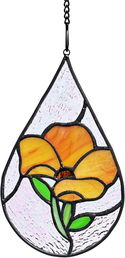 Handmade Poppy Flower Stained Glass Window Hangings Ornament Suncatcher, Tiffany Style Poppy Flower Themed Decor Gifts for Women Mom Teacher Wedding Birthday Christmas.