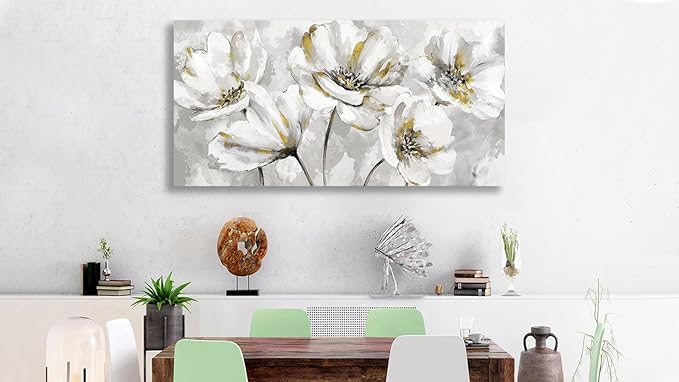 arteWOODS Flowers Canvas Wall Art - Gray White Flowers with Yellow Accents Pictures Wall Decor Botanical Painting Artwork Elegant Floral Prints Home Decor Living Room Bedroom Ready to Hang 40 x 20in