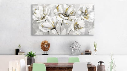 arteWOODS Flowers Canvas Wall Art - Gray White Flowers with Yellow Accents Pictures Wall Decor Botanical Painting Artwork Elegant Floral Prints Home Decor Living Room Bedroom Ready to Hang 40 x 20in