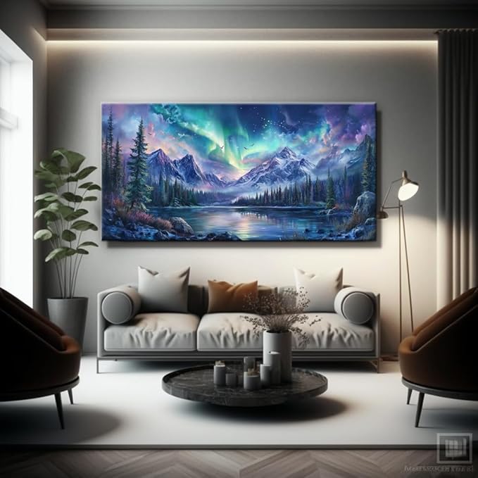 IDAFU Aurora Borealis Canvas Wall Art Northern Lights Wall Printing Farmhouse Abstract Snow Mountain Tree Forest Scenery Canvas Nature Landscape Artwork For office Home Décor Ready to Hang 32L x 16W