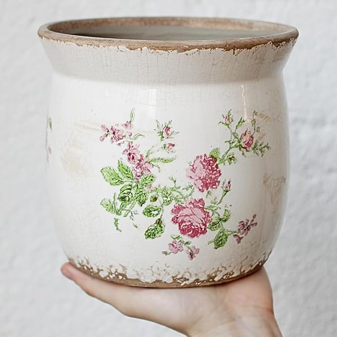 Rustic Ceramic Pots for Plants, 6.21in. Vintage Crackle Glazed Planters for Indoor & Outdoor Plants with Drainage Hole, Unique Planting Pots for Gardening, Tuscan Decor Plant Pots Indoor, Floral