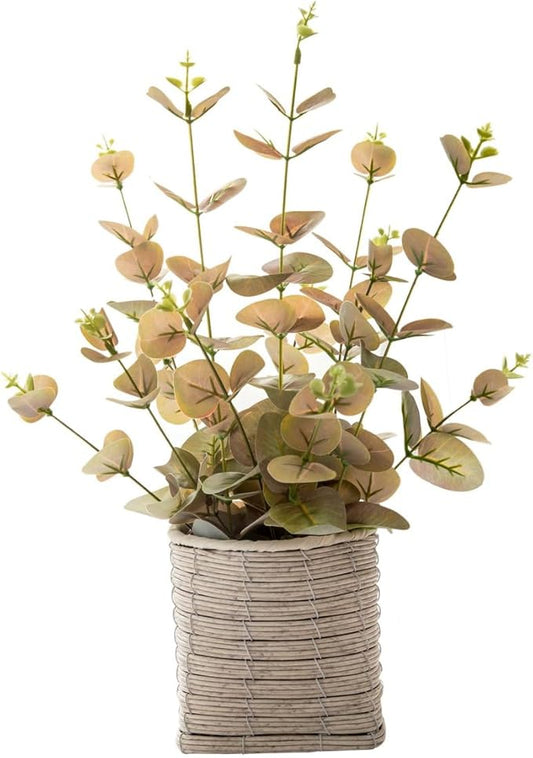 Small Fake Plants 16 Inch Eucalyptus Stems Artificial Plant in Offwhite Leather Woven Planter with Polished River Rocks Evergreen Faux Plant Indoor for Home Bathroom Kitchen Decor