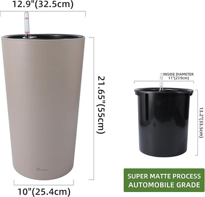 Dexceder 22x13 Tall Self Watering Planter High Cylinder Indoor Outdoor, Thickened Large Floor Standing Flower Plant Pot with Water Level Indicator (Taupe Matte)