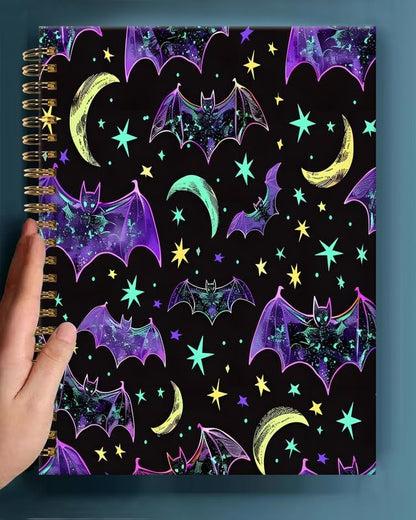 Spiral Journal Notebook,A5 Hardcover Lined Journals for Women Girl 6 x 8.3 in,120 Pages Thick Paper,Cute College Ruled Writing Notebook for Gifts Office Work School(Purple Bats Star)