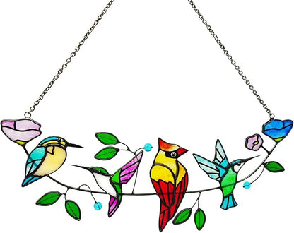 Stained Glass Window Hanging, Birds on A Branch Stained Glass Suncatcher Cardinal Hummingbird Kingfisher Glass Panel Sun Catchers for Indoor Windows Hanging Home Decor,Gifts for Women,Bird Lover