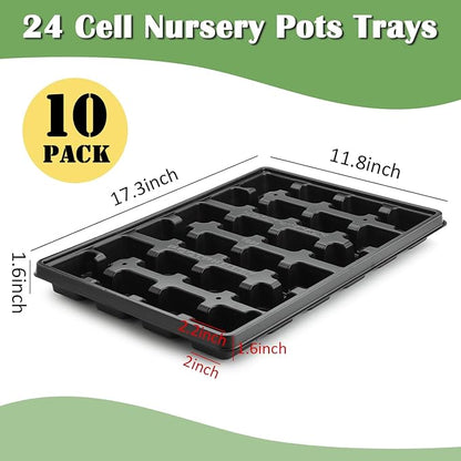 24 Cell Nursery Pots Trays 10 Pack (17"x11"x1.6"), Reusable Plastic Plant Pot Tray with Drain Holes, Carrying Seed Starter Tray for Holding 2.8 inch (7CM) Square Nursery Pots (Black)
