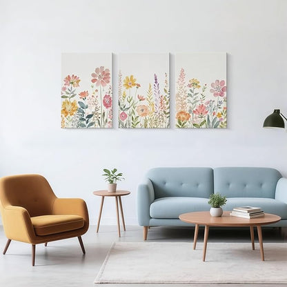 Framed Watercolor Wildflowers Canvas Wall Art Colorful Floral Poster Picture Vintage Country Painting Nature Landscape Modern Home Print Living Room Gallery Office Ready to Hang 16x24 Inch x3