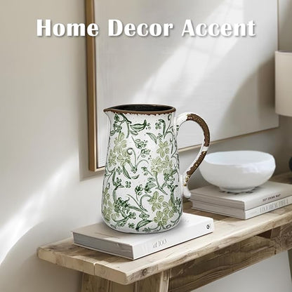 Ceramic Rustic Farmhouse Vase, 7.9" Green and White Vase for Centerpieces Chinoiserie Vases Pottery Jug with Handle Chinoiserie French Country Decor Vintage Vases for Living Room Kitchen Dinner Table