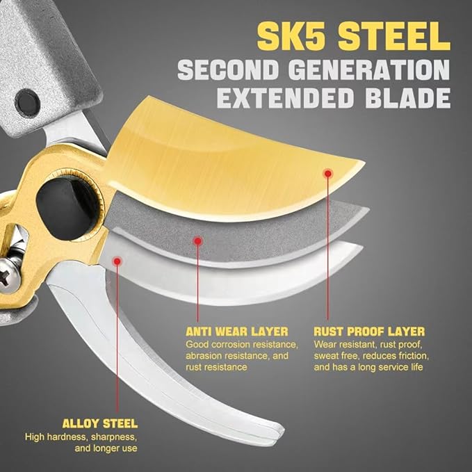 Professional gardening shears, made of SK5 stainless steel material, sturdy and durable, Dual color anti slip handle is easier to use ，and suitable for various tasks such as gardening pruning