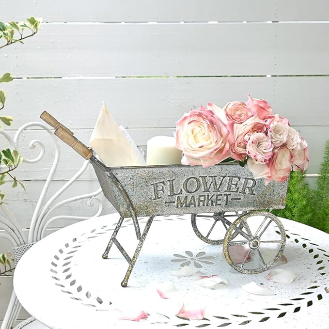 15 Inch Farmhouse Small Flower Cart with Wooden Handles Metal Wagon Planters for Outdoor Plants Decorative Wheelbarrow Plant Cart for Patio Garden Balcony Gray