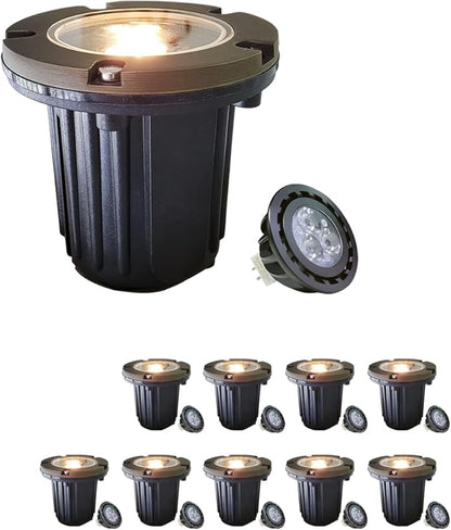 MALORY Brass Top Cover Landscape Well Lights, (4.6''H) 12V Low Voltage Outdoor In Ground Lights,Landscape Lighting for Pathway, Driveway and Garden 10-Pack with Bulb (Flat Top)