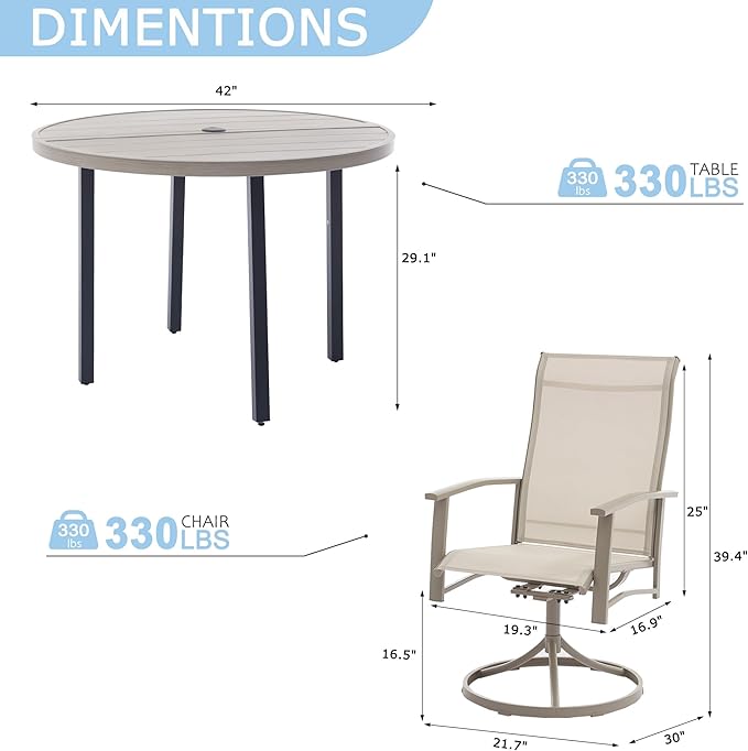 5 Piece Outdoor Dining Set, 42" Honey Oak Round Outdoor Dining Table with 4 Ivory Beige Swivel Patio Table and Chair Set of 4 for Lawn, Garden, or Porch