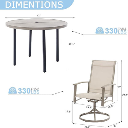 5 Piece Outdoor Dining Set, 42" Honey Oak Round Outdoor Dining Table with 4 Ivory Beige Swivel Patio Table and Chair Set of 4 for Lawn, Garden, or Porch