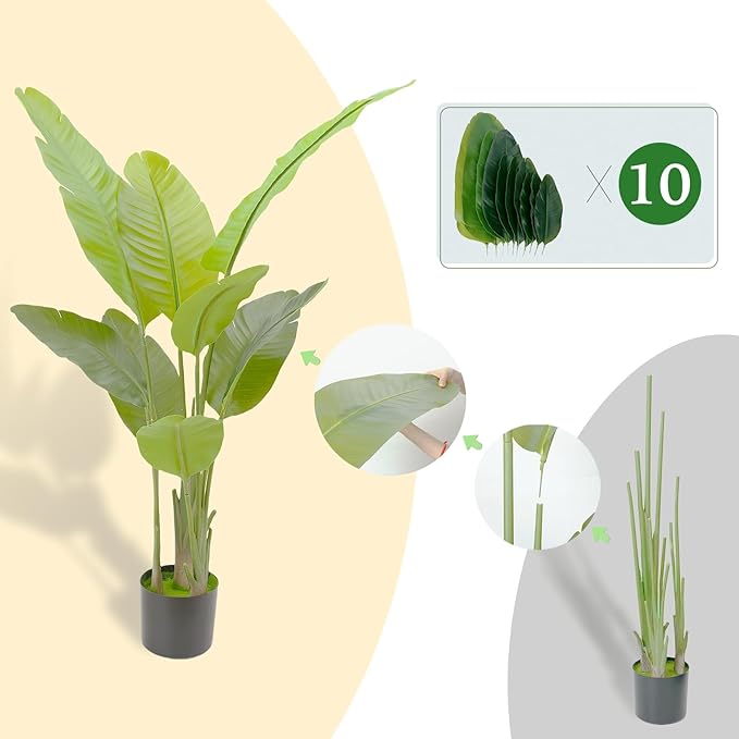 5.2FT Artificial Bird of Paradise Plant, Faux Artificial Trees, Tall Fake Realistic Tree, 10 Trunks Silk Leaf Plant with Plastic Pot for Home Office Decor Indoor Outdoor Modern Decoration