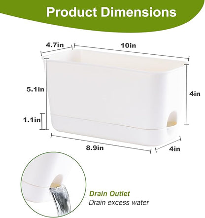 10 Inch Self Watering Planters for Indoor Plants: 4 Packs Rectangular Plant Pots with with Drainage and Tray, Window Pot Self Watering Planter for Herb, Houseplants