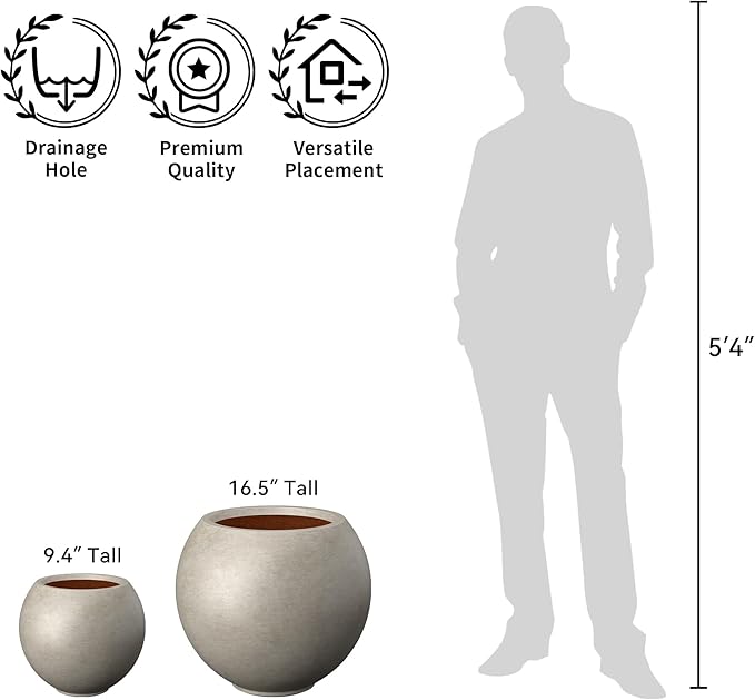 Kante Round Concrete Flower Pot, 11 Inch Dia (7.9" Opening) Sphere Shape Design Planter with Drainage Hole for Indoor & Outdoor Plants, Weathered Concrete Finish with Painted Interior