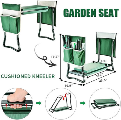 BDL Garden Kneeler and Seat, Upgraded Folding Bench Stool Portable Kneeler, Sturdy Gardening Tools with 2 Free Tool Pouch, Detachable Belt, A Pair of Garden Gloves, EVA Kneeling Pad