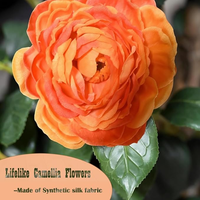 2pc 5ft Decorative Artificial Camellia Tree with Orange Flowers, Potted Faux Floral Plant, Realistic Blooming Fake Plants for Indoor Outdoor Home Front Door Planter Decor