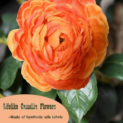 2pc 5ft Decorative Artificial Camellia Tree with Orange Flowers, Potted Faux Floral Plant, Realistic Blooming Fake Plants for Indoor Outdoor Home Front Door Planter Decor
