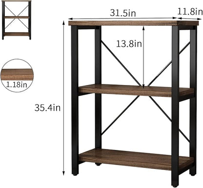 3 Tier Industrial Solid Wood Bookcases, Open Etagere Bookshelf with Metal Frame, Rustic Wood and Metal Shelving Storage Organizer for Living Room Book Shelves Furniture (AY01-3tier)