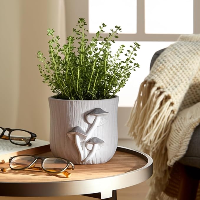 Cement Decorative Planter Pot Without Stand – Pottery Outdoor & Indoor Plant Pot with Mushroom Applique Pattern – Minimalist Modern Garden & Home Decor Cement Planters – 6", Gray