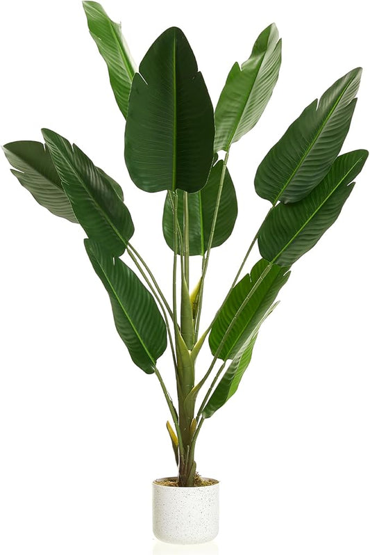 Tall Artificial Bird of Paradise Banana Leaf Plant with White Pot, Realistic Faux Palm Tree with 12 Leaves, Decorative Indoor Greenery for Living Room, Bedroom, or Office, 120cm