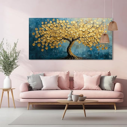 Modern Art Golden Lucky Tree Money Tree Canvas Wall Art Gold Tree of Life Painting Canvas Art Good Luck Money And Wealth Picture Stunning Poster Decorative for Home, Office & Hotel Lobbies, Ready to Hang (20x40 Inches)