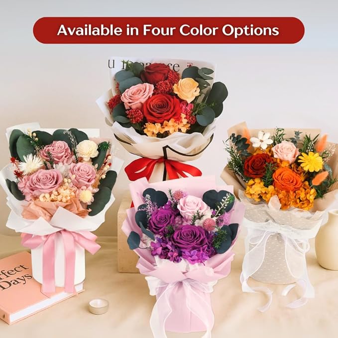 Forever Flowers Bouquet, Preserved Long Lasting Pink-Red Roses Flower Bouquet for Valentine’s Day, Christmas, Anniversary, Birthday Gifts for Her