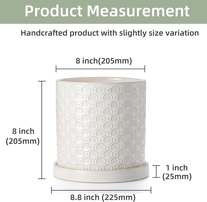 8 Inch Plant Pot: Ceramic Planter with Drainage Hole & Saucer Indoor Outdoor Plants - Cylinder Round Flower Pot for Home Office - Modern Decorative - Medium White