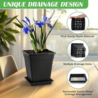 BTPLASTIK 9 Inch Square Planters for Indoor Plants, 8 Pack Large Plastic Plant Pot with Drainage & Saucer, 3 Gallon Modern Decorative Thick Outdoor Garden Container for Potted Plants