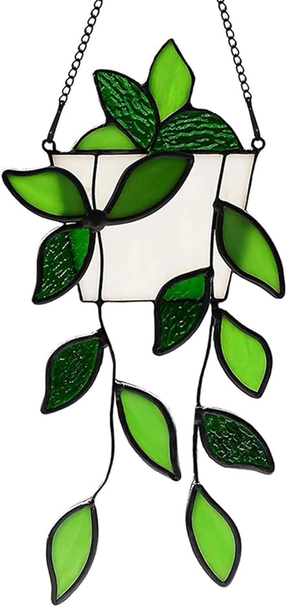 Green Plant Stained Glass Window Hanging,Handcrafted Real Stained Glass Panel Plant Suncatchers for Home Indoor Window Decor, Gifts for Plant Lovers,Women,Mother's Day,Christmas Day