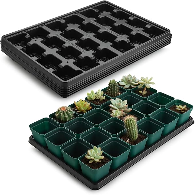 2.8 inch (7CM) Square Nursery Pots 120pcs (Green) and 24 Cell Nursery Pots Trays 5 Pack, Plastic Seedling Starter Tray with Drain Holes for Carrying and Holding Plant Pot(17"x11"x1.6")
