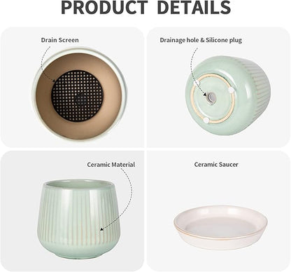 TAMAYKIM 4.25 + 5.5 + 7 Inch Ceramic Plant Pots with Drainage Holes and Saucers, Small to Large Planter Sets for Plants, Succulent, Cactus and Herbs, Green, Set of 3