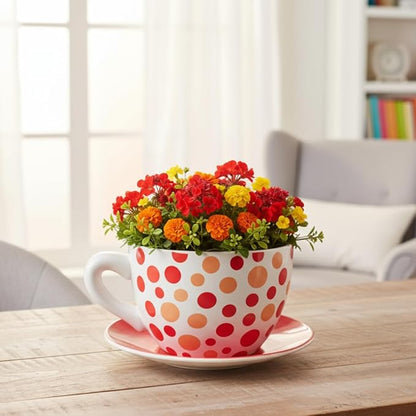 7.5" Round Ceramic Teacup Shape Planter Pot with Saucer for Succulents Orchids Herbs Cactus Indoor Houseplants Flowers for Home Garden and Event Decor – Orange Polka Dot Planter
