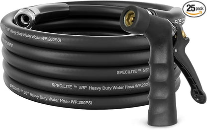 SPECILITE 5/8" Hot/Cold Garden Hose 25 ft with Industrial High Pressure Nozzle, Flexible & Lightweight, 600psi Burst Rubber Water hose -50℉-158℉ With 3/4"Stainless Steel Fittings for Yard, Black