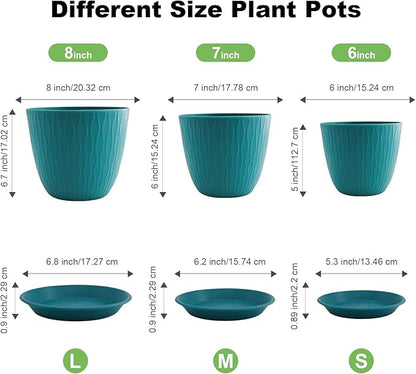 8/7/6 inch Plant Pots, 3 Pack Flower Pots for Outdoor Indoor Garden Plants, Large Planters with Multi Mesh Drainage Holes and Saucer (Black-Green, 8"+7"+6")