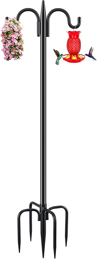 Gtongoko Double Shepherds Hook for Outdoor, 77 Inch Heavy Duty Bird Feeder Pole 3/4 Inch Thick Garden Hooks for Hanging Hummingbird Feeder, Plant Baskets, Solar Light Lanterns, 1 Pack